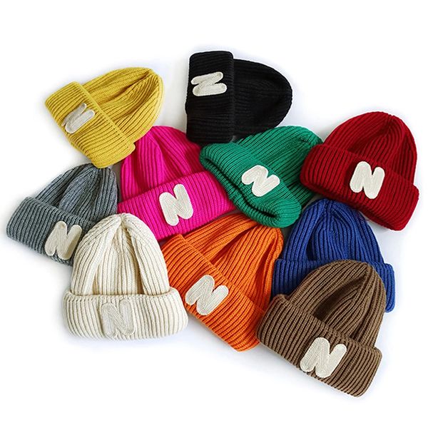 

rainbow colors knitted beanie caps hats for baby girls headwear newborn winter warm bonnet letter lable solid knit hat kids boy hat 0-4t, Yellow