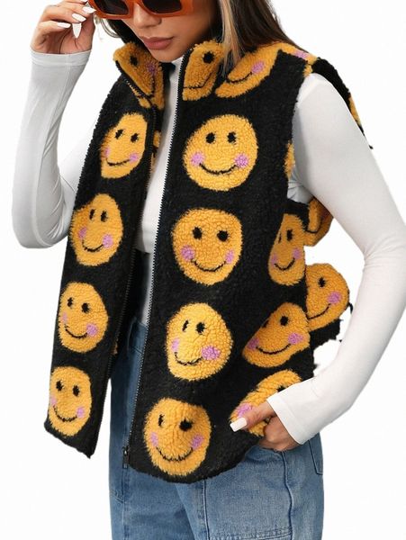 

women's jackets expression pattern zipper vest teddy jacket q1oo#, Black;brown