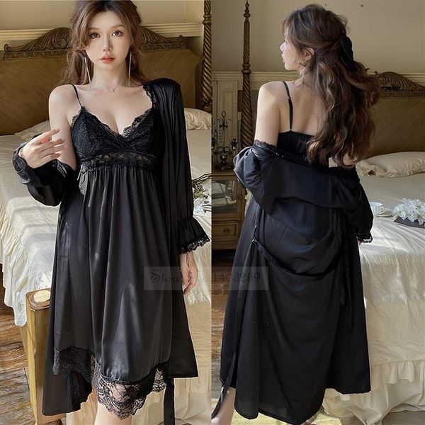 

patchwork lace sleepwear satin kimono bathrobe gown female twinset robe set, Black;red