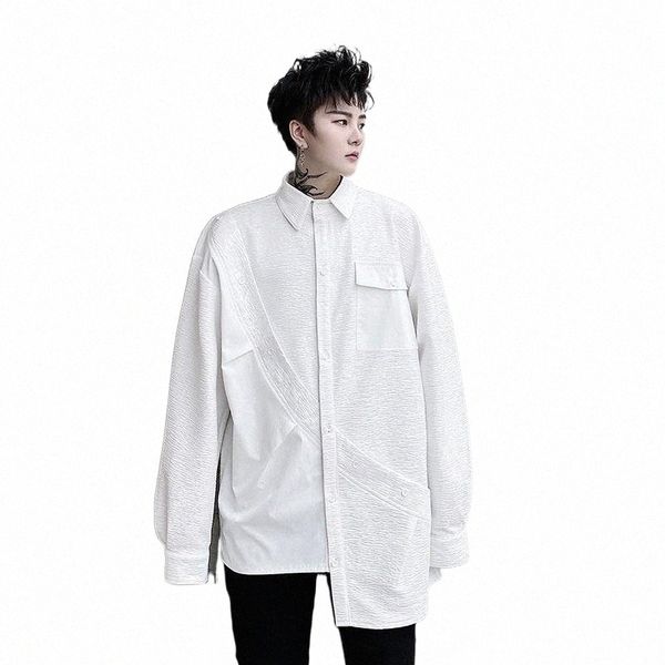 

men's casual shirts autumn men cotton shirts solid white stitching loose brand design male yohji japan korean style clothes streetwear, White;black