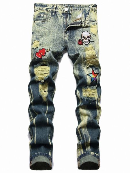

men's jeans men patch detail ripped slim straight jeans n6ns#, Blue