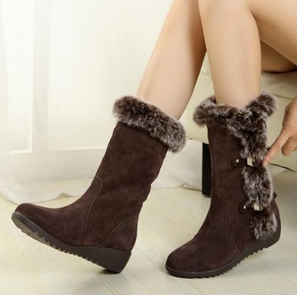 

new winter women boots casual warm fur mid-calf boots shoes women slip-on round toe wedges snow boots shoes plus size 35-42, Black