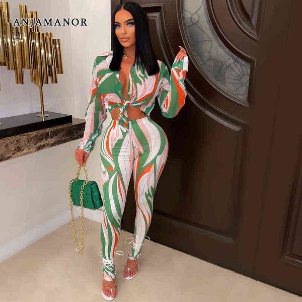 

women's two piece pants anjamanor fashion print 2 piece sets womens outfits autumn clothes women 2022 long sleeve and pants matching se, White