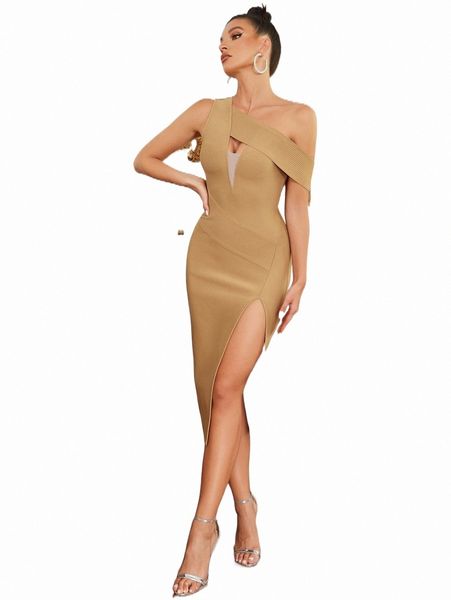 

casual dresses asymmetrical shoulder split thigh bandage dress x9mz#, Black;gray