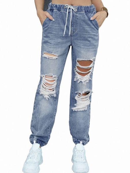 

women's jeans eilly bazar drawstring waist ripped jogger jeans 39xo#, Blue