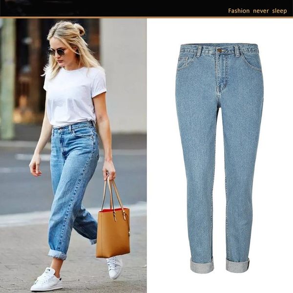 

women's high waisted jeans distressed relaxed fit straight new boyfriend denim pants, Blue