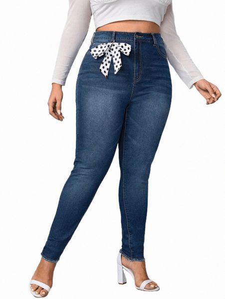 

women's jeans plus high waist knot detail raw hem skinny jeans p5jx#, Blue