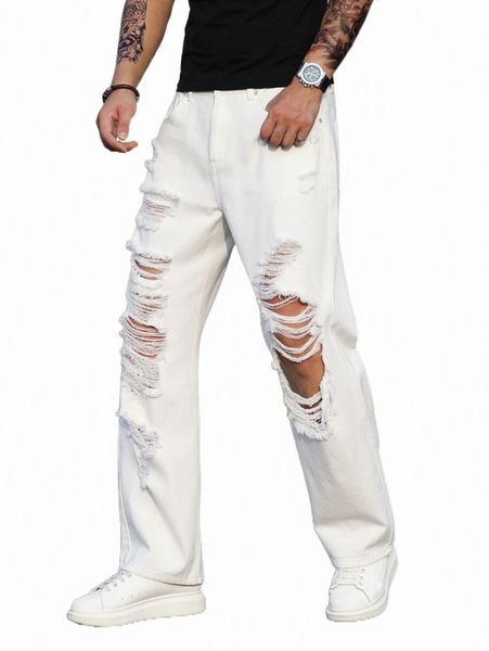 

men's jeans men cut out ripped frayed straight leg jeans j7in#, Blue