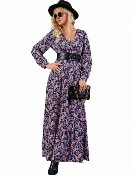

casual dresses paisley print ruffle hem dress without belt k4qf#, Black;gray