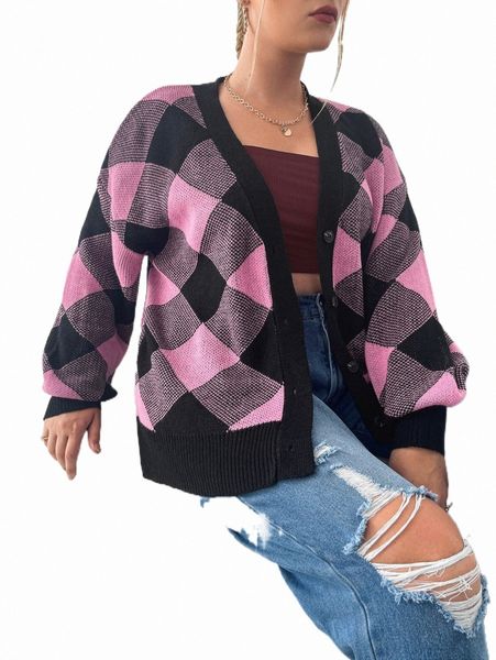 

plus size t-shirt plus buffalo plaid pattern drop shoulder cardigan t78o#, Black