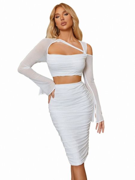 

two piece dress parthea solid split sleeve crop & pencil skirt c9l3#, White
