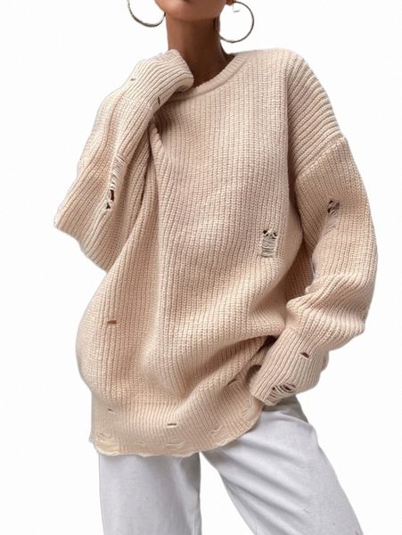 

women's sweaters ribbed knit drop shoulder ripped sweater v012#, White;black