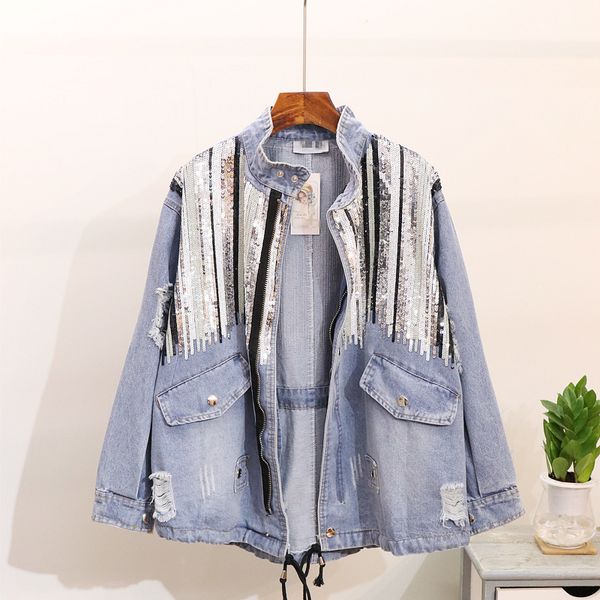 

women s jackets jesie nowe cekiny kurtka dinsowa kobiety bomber jacket moda dugie rkawy paszcze vintage hippie jeansowa colete feminino r832, Black;brown