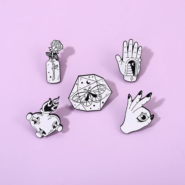 

black and white brooch umbrella palm rose star moon gift to friends enamel pin, Gray