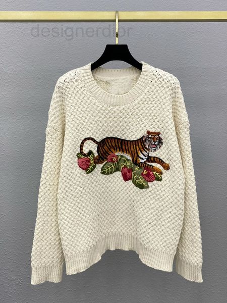

women's sweaters designer tiger flower and grass embroidery round neck long sleeve apricot sweater loose pullover versatile women', White;black