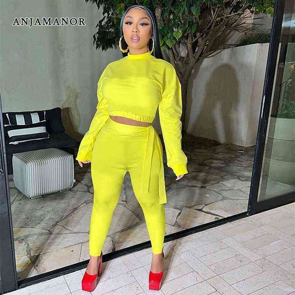 

women's two piece pants anjamanor long sleeve 2 piece sets womens outfits spring 2022 fashion crop and pants sets wholesale items d89-d, White