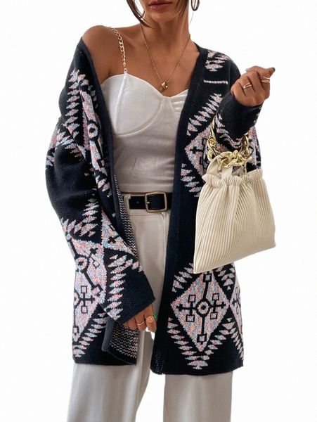 

women's sweaters geo pattern drop shoulder cardigan h1l4#, White;black