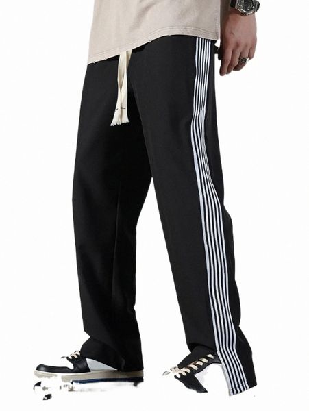 

men's pants men striped side seam split hem drawstring waist sweatpants n9uv#, Black