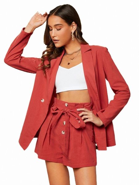 

two piece dress lapel collar blazer & paperbag waist belted shorts l7uv#, White