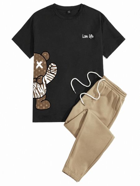 

men's tracksuits men cartoon & letter graphic tee & drawstring waist pants t6uz#, Gray