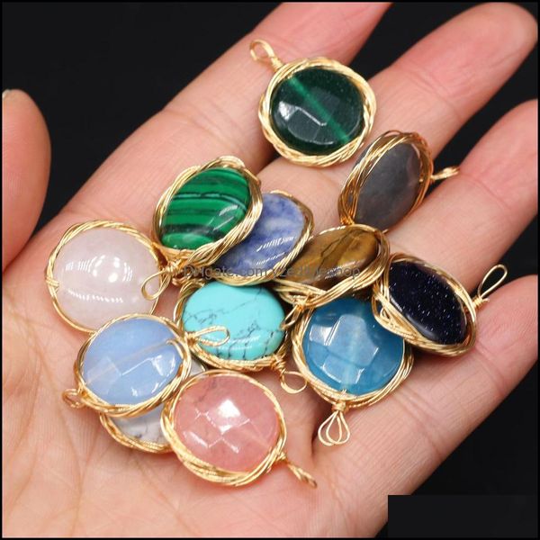 

charms copper wire wrap faceted round stone charms natural chakra rose quartz turquoise tiger eyes pendant diy for druzy dhseller2010 dhqom, Bronze;silver