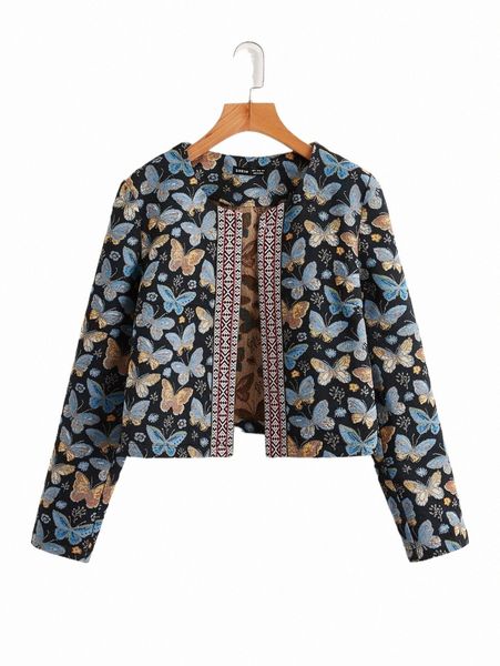 

women's jackets floral & butterfly pattern crop jacket 22qy#, Black;brown