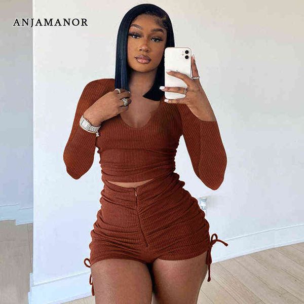 

women's two piece pants anjamanor women 2 piece short set fashion 2022 fall outfits sporty long sleeve crop and drawstring shorts sets, White
