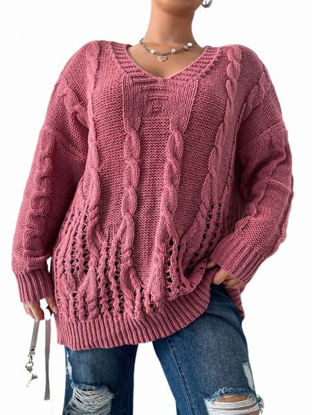 

plus size t-shirt plus cable knit drop shoulder sweater l8hk#, Black