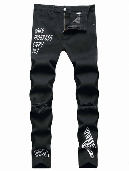 

men's jeans romwe guys letter ripped jeans 2022 new m7ox#, Blue