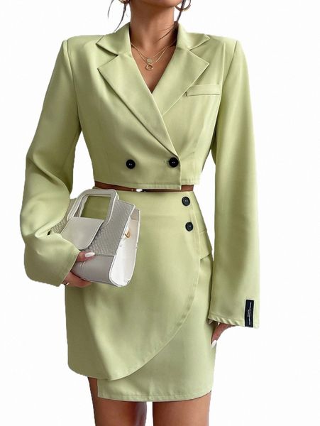 

two piece dress double button crop blazer & asymmetrical skirt i6ma#, White