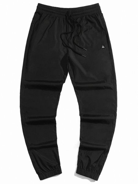 

men's pants men letter patched drawstring waist pants t16t#, Black
