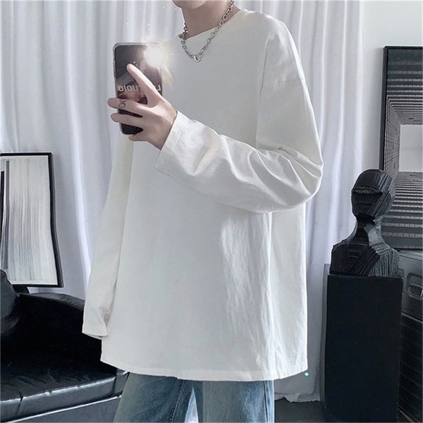 

men's t shirts hybskr spring men's oversized t-shirt solid color basic t shirt o neck long sleeve tshirts korean women man casual, White;black
