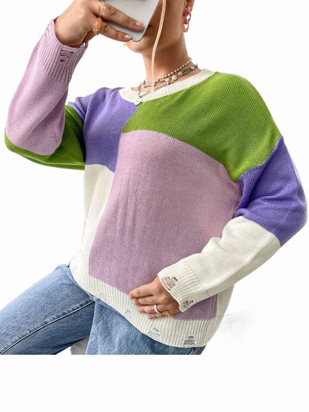 

plus size t-shirt plus colorblock drop shoulder ripped sweater l4nq#, Black