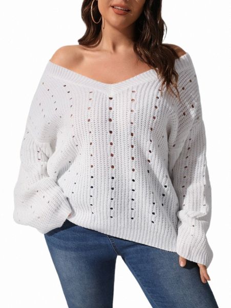 

plus size t-shirt plus pointelle knit v-neck drop shoulder sweater d9pa#, Black