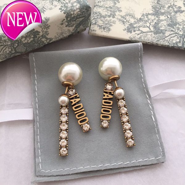 

luxury brand design earrings d home / di ja letter rhinestone pearl earrings fashion long style two wearing 925 silver needle, Golden;silver