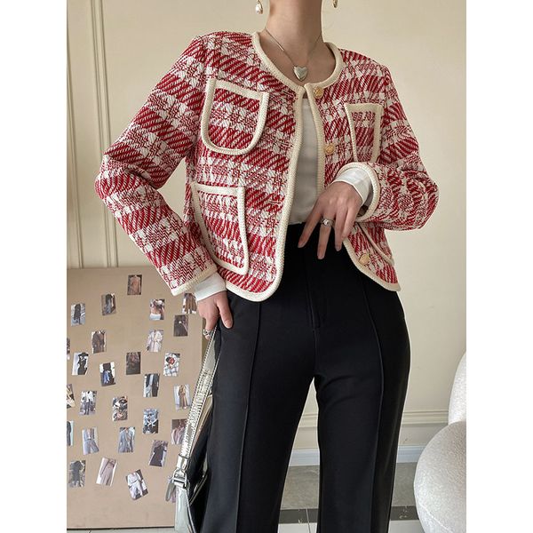

women s jackets elegant tweed o neck full sleeve korean fashion plaid coat spring vintage short female ld2882 220905, Black;brown