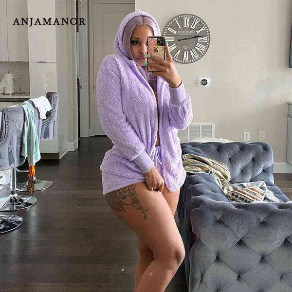 

women's two piece pants anjamanor furry fleece two piece set zip up hoodies and shorts matching sets cozy lounge wear winter clothes wo, White