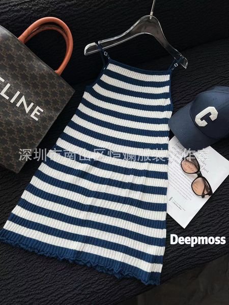 

women's t-shirt designer shenzhen nanyou minority 22 autumn winter deep navy blue white stripe sling knitted skirt 1gpy