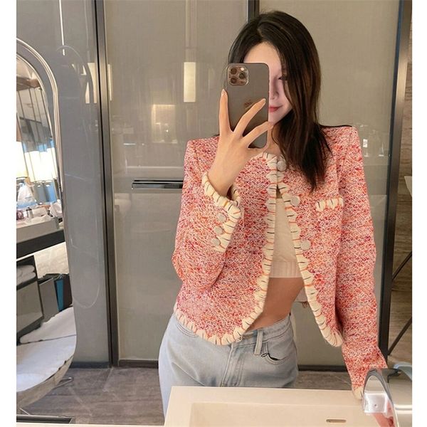 

women s jackets pink tweed coat o neck full sleeve single breasted jacket spring autumn korean fashion elegant coats female 220905, Black;brown