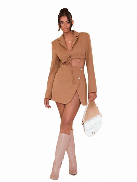 

two piece dress bae lapel neck knotted front crop blazer & wrap skirt m11u#, White