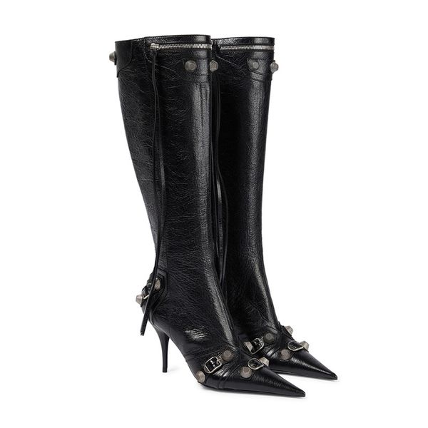 

evening bags boots cagole designer boots woman winter black knee-high boot stud buckle embellished pointed toe stiletto heel real leather ta