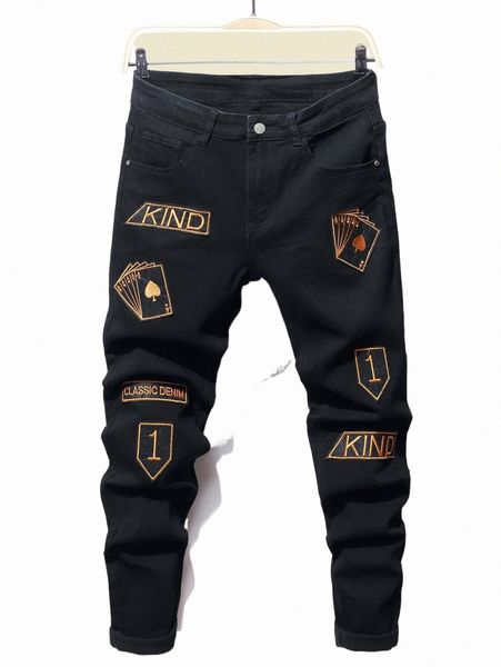 

men's jeans men letter & playing card patched detail jeans b5rb#, Blue