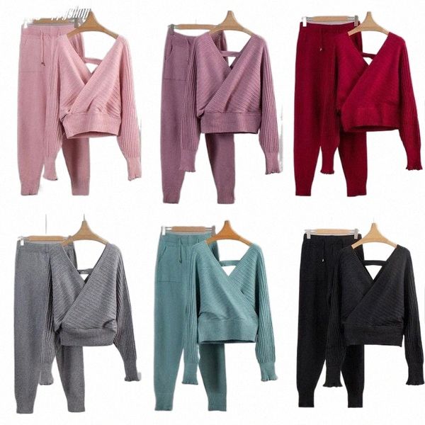 

ethnic clothing ethnic clothing oversized women tracksuits two pieces v-neck sweater jumpers knitted jogging pants winter autumn female war, Red