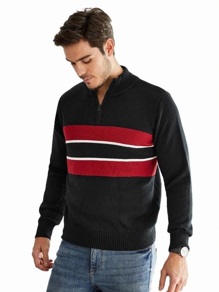 

men's sweaters men striped pattern quarter zipper sweater n7y4#, White;black