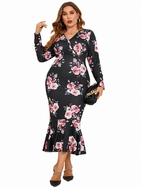 

plus size dresses plus floral print mermaid hem dress v56x#, Black