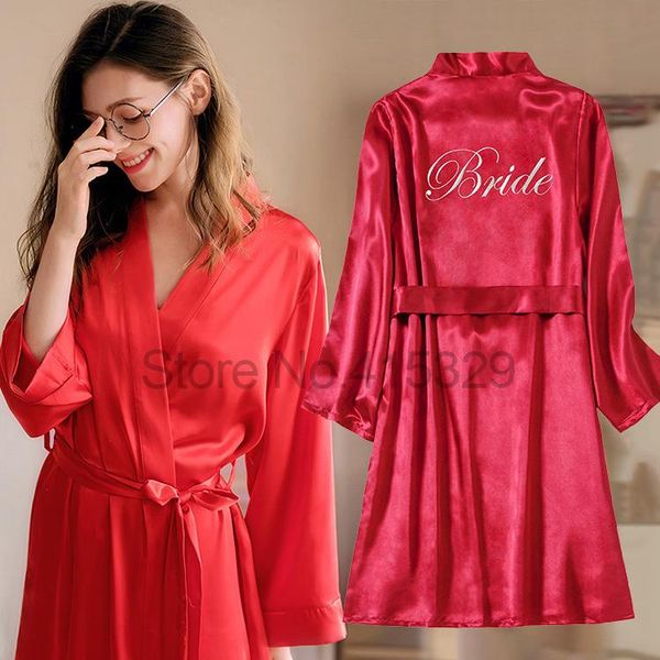 

satin sleepwear kimono bathrobe gown v-neck embroidery bride bridesmaid, Black;red