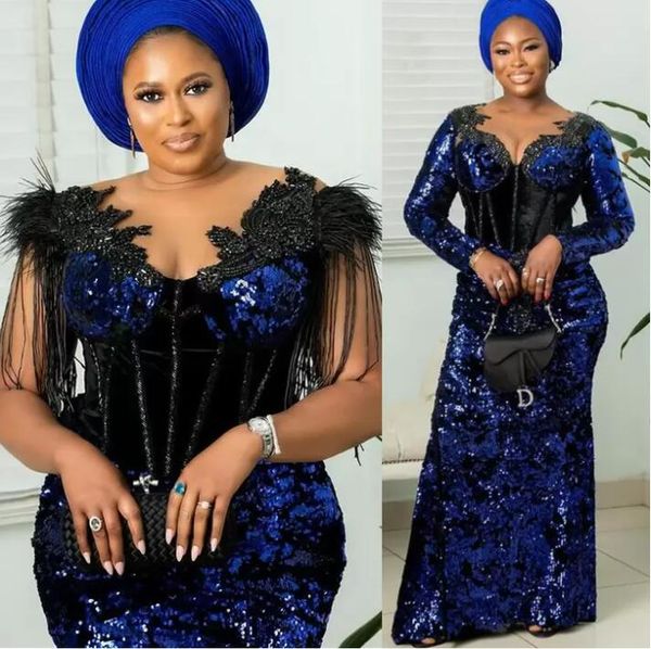 

royal blue sequins valvet african prom dresses sheer o-neck long sleeve lace beaded aso ebi evening engagement gown, Black