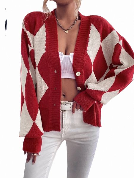 

women's sweaters argyle pattern drop shoulder button up cardigan m6ey#, White;black