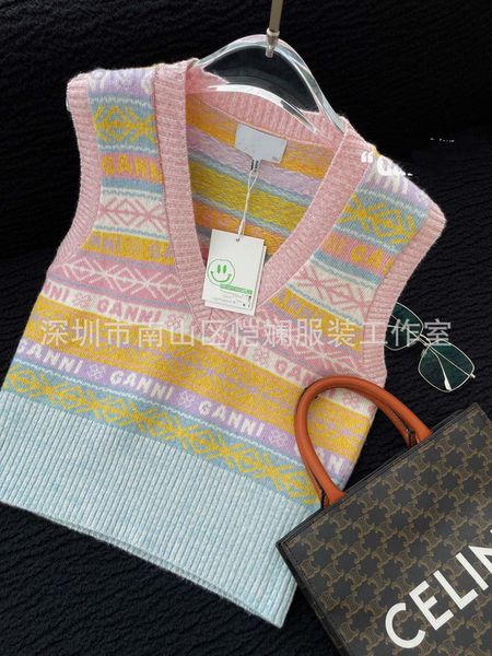 

women's knits & tees designer gan i22 autumn winter v-neck macarone color matching striped vest knitted sweater designed by nordic mino, White