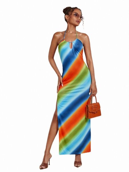 

casual dresses colorblock backless split thigh halter dress c8vb#, Black;gray